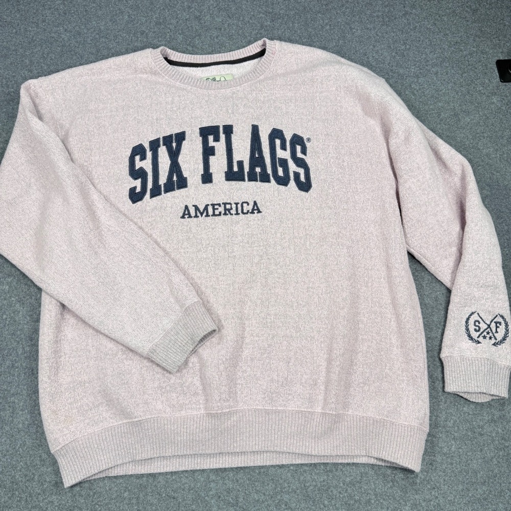 Six Flags America Sweatshirt Mens XXL Pink Heathered Crewneck Applique Logo 3568